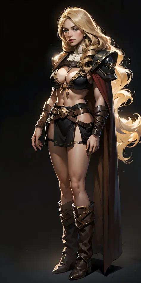 (masterpiece, best quality) (black background) full body standind straight symmetrical, FEMALE warrior princess Mercedez Von Martritz, twin big belt around waist, long curly blonde hair, very white skin, female wearing full body bikini armor with red cape,...