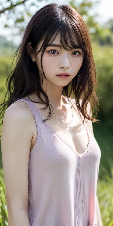 masterpiece、Highest quality, Ultra-high resolution、8k，photograph、1 girl, {{Large Breasts}}, bright, Blurred Background, (Asymmetrical bangs, Please comb your hair、very long wavy hair:1.5),   (Floating Hair:1.0)、（A summer knit that fits snugly around the ch...