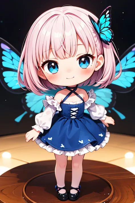 Photorealistic、Chibi Girl Doll（Embarrassed blushing smile、Morpho butterfly-inspired clothing that glows softly in the dark、Cute Shoes、Cute Hairpins、rotate、Dance with grace）