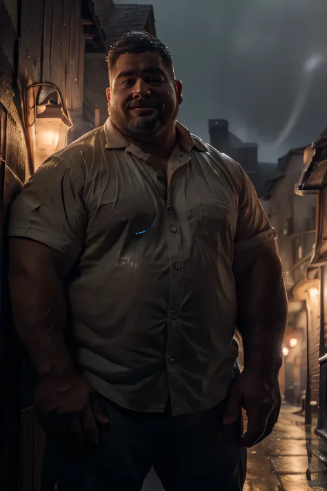 8k. hyper-realistic. high definition) handsome Caucasian. chubby guy. scruffy face. fat, wearing jeans, white collared shirt, big tummy, buffed, chubby face, hairy arms, thick eyebrows, medium-length hair, editorial shot. dramatic lighting, looking intense...