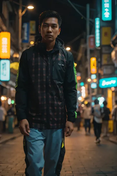 Indonesian man at night, fulturistik street sport jacket,neon,japan citywalk, cyber punk Fujifilm mix, cinematic,8k