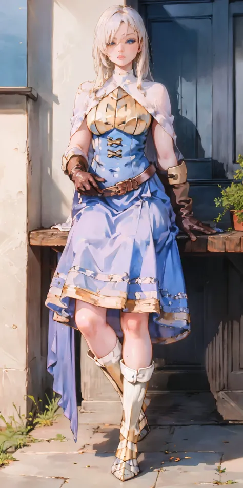 (masterpiece, best quality), 1girl, KnightFFT, long hair, blonde hair, blue eyes, cape, armor, blue dress, belt, gloves, boots