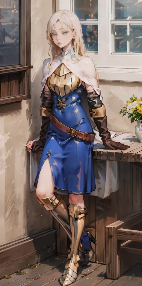 (masterpiece, best quality), 1girl, KnightFFT, long hair, blonde hair, blue eyes, cape, armor, blue dress, belt, gloves, boots
