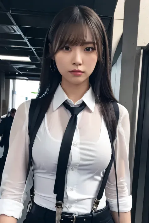 a woman in a suit, belt, hands behind back, sweating, suspenders, black pants, sexly, large breasts, see-through clothing, rain, detective, office worker, white button-up shirt, (best quality,4K,8k,highres,masterpiece:1.2),ultra-detailed,(realistic,photore...