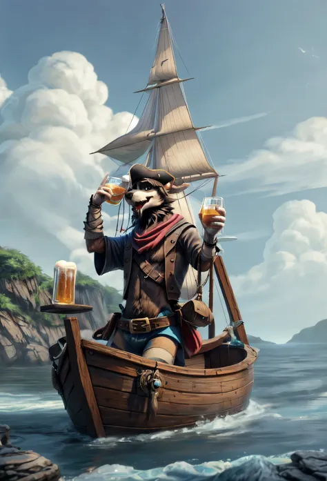 (((barefoot furry character, full body, cinematic setting, furry male, plantigrade, correct anatomy))) 

sailing in in my pirate...