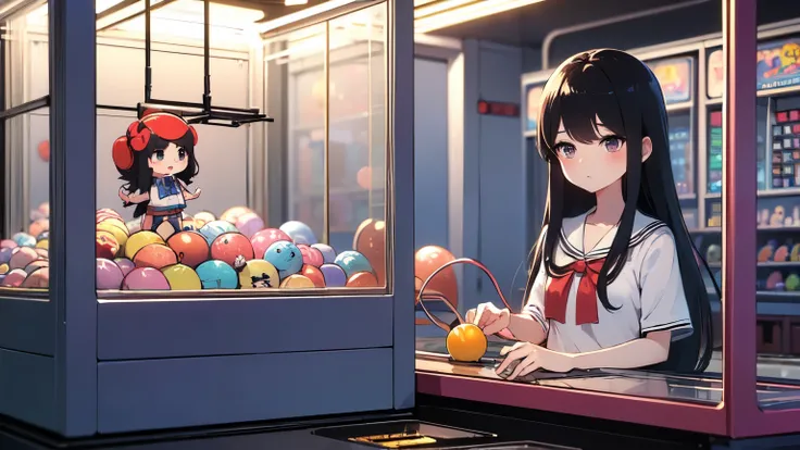 (((masterpiece))), (((Highest quality))), ((Claw Machine)), Place your hand on the bottom panel, Operate the long joystick、Press the button, Use the clamp to lift the toy, One girl, Komi Shoko, shy, blush, school uniform, Claw Machine, Rear View,