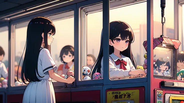 (((masterpiece))), (((Highest quality))), ((Claw Machine)), Place your hand on the bottom panel, Operate the long joystick、Press the button, Use the clamp to lift the toy, One girl, Komi Shoko, shy, blush, school uniform, Claw Machine, Rear View,