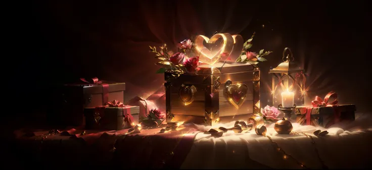(Open the glowing treasure chest:1), Gifts Surround, pack, Letter with heart pattern, Rose petal, Sparkling atmosphere, Warm and mysterious atmosphere, Low light indoor environment, Soft focus halo, Soft background.Light fog,board
