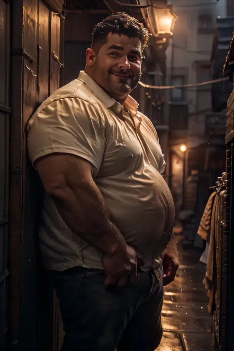 8k. hyper-realistic. high definition) handsome Caucasian. chubby guy. scruffy face. fat, wearing jeans, white collared shirt, big tummy, buffed, chubby face, hairy arms, wearing an orange g-shock watch on the left hand. thick eyebrows, medium-length hair, ...