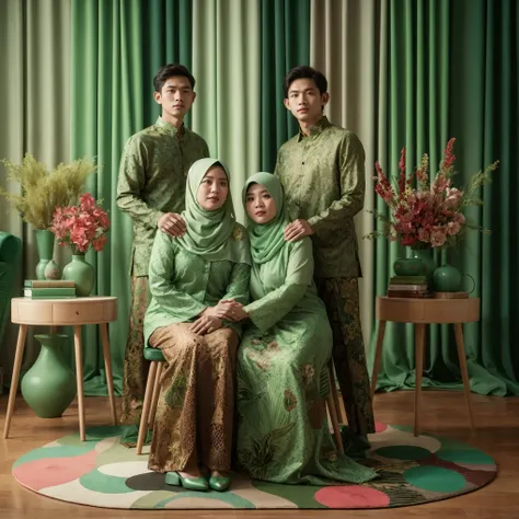 Studio Photography of Indonesian family of 4 members, two womans aged 30 sitting on chair, standing behind them two mans aged 30, embrace each other, all wearing green formal BATIK and luxury green KEBAYA hijab, Photo studio background with green and brown...