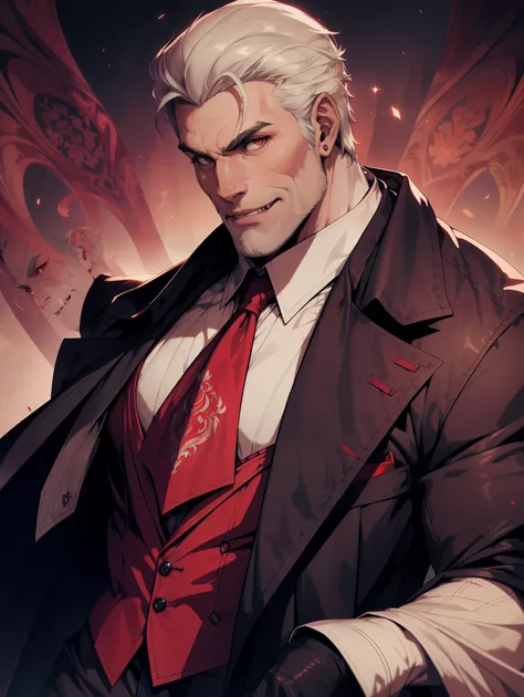 1man, vampire, handsome, pale grey skin, prominent muscular body, seems longer fangs, smile, shining red eyes, art nouveau style...