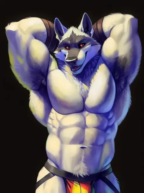 death (puss in boots), deathwolf, white fur:1.2, front view, facing camera, looking at camera, very muscular:1.5, big pectorals, muscular arms, sixpack, abs, simple background:1.5, dark background:1.1, by kusunagi, by raccoon21, by virtyalfobo, by blotch, ...