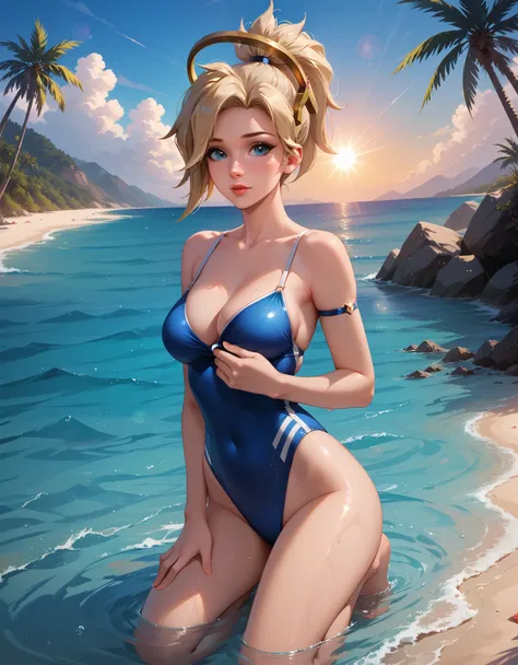 score_9, score_8_up, score_7_up, score_6_up, cinematic film still, solo, 1girl, BREAK mrcy, short hair, high ponytail, halo, cute swimsuit, swimsuit strap pulled down, arm across breasts, shy, beach, kneeling in shallow water, submerged, model poses, beaut...