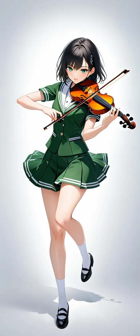 (((White background:1.5)))、(((High school girl playing the violin:1.5)))),(The entire subject is captured),(((full body:1.2))),(((wide shot:1.2)))、(((masterpiece、Ultra HD、Highest quality、Masterpiece、8k:1.5)))、Slender body,Highly detailed eyes、 Highly detai...