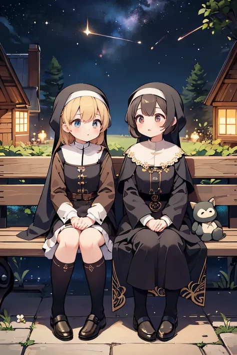 (highest quality:1.2)。steampunkai。two women。a cute little witch and a cute little nun。the two of them sit side by side on a benc...