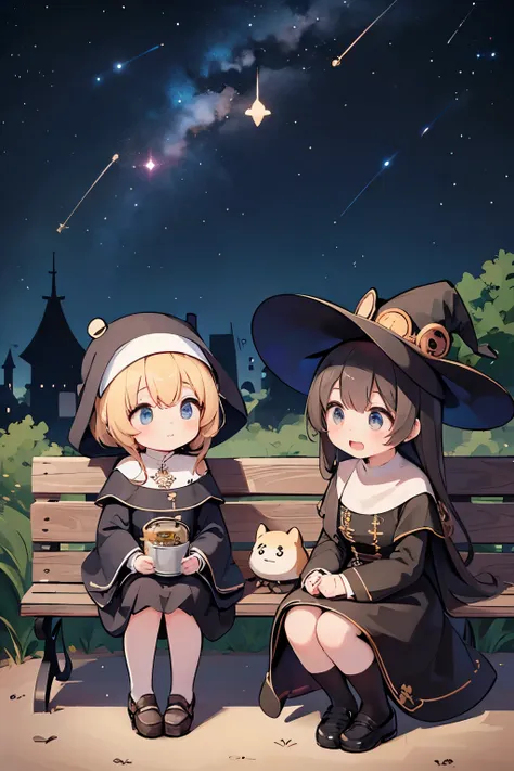 (highest quality:1.2)。steampunkai。two women。a cute little witch and a cute little nun。the two of them sit side by side on a benc...