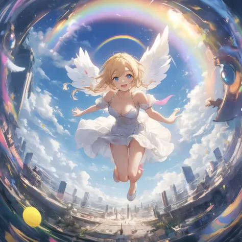 masterpiece、Anime-style illustrations with delicate brush strokes、Dense painting、Humorous and divine々Successfully、Cinematic lighting、World above the clouds、after the rain、Background big rainbow、1 Girl、In the center of the screen, a young angel is flying ha...