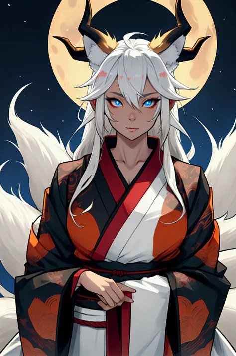 White hair, kitsune, fox girl, tan skin huge,horns shaped like fox ears, blue eyes, fox dragon hybrid pet, dragon horns, multiple tails, kimono, fae, ninja, night, glowing eyes
