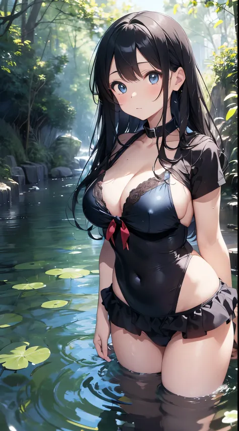 Beautiful anime style girl、Waist-deep in a clear, calm stream。Surrounded by lush greenery、The girl is wearing a blue polka dot bikini、Her slim yet curvaceous body stands out。She catches the sunlight with her big, expressive blue eyes.、Her long black hair i...