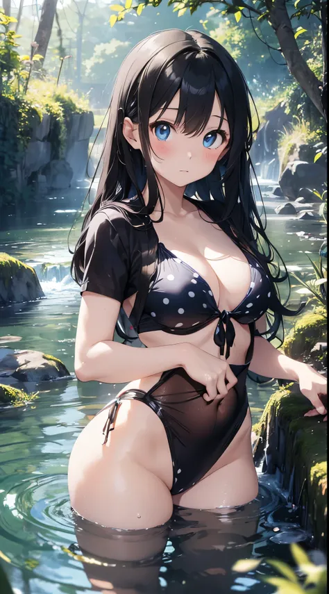 Beautiful anime style girl、Waist-deep in a clear, calm stream。Surrounded by lush greenery、The girl is wearing a blue polka dot bikini、Her slim yet curvaceous body stands out。She catches the sunlight with her big, expressive blue eyes.、Her long black hair i...