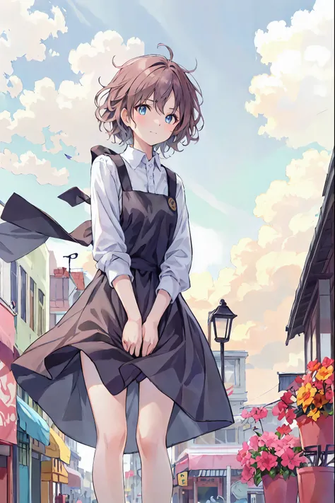 Brown Hair，Shortcuts，Messy Hair，Slender beauty，A dignified posture，Small chest，Beautiful feet，Her captivating grey-blue eyes shine like stars，（Cute older sister:1.3）、Long eyelashes、smile,Spring atmosphere、noon、Aggressive、hot、((Strong winds))、Black Skirt、Sh...