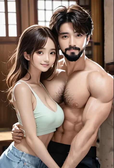 （1 girl,1 person,couple）a bearded man，six pack muscles，The chest is covered with thick, lush and furry chest hair.，Posing for a photo with a woman, Douban, what is it？cute couple, couple pose,There is Harry Potter and Takano Aya, 