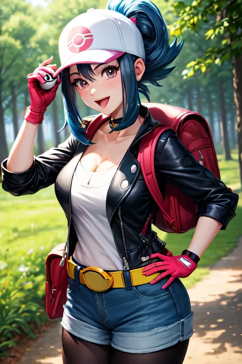 (masterpiece),(best quality),(ultra-detailed), Trainer, 1girl, female protagonist (pokemon go), medium breasts, poke ball, gloves, hat, fingerless gloves, blue hair, holding, ponytail, pink eyes, forest background, holding poke ball, pokemon (creature), ba...