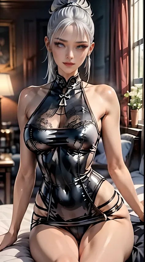 a beautiful young girl with striking silver hair in a high ponytail, wearing a sleek black cheongsam with a delicate lace pattern, her face framed by long lashes and a subtle beauty mark, gazing out at the viewer with large expressive eyes, in a luxurious ...