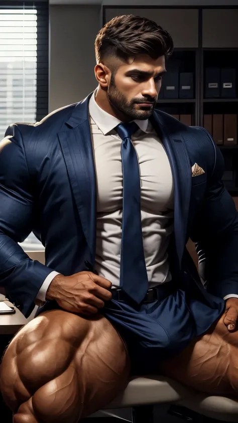 Two person standing together, 30 years old indian business suit man muscular man standing in office with huge bulge, one character, one place, one structure every thing same in all photos, stunning visual, profile image, in style of ultra realistic, standi...