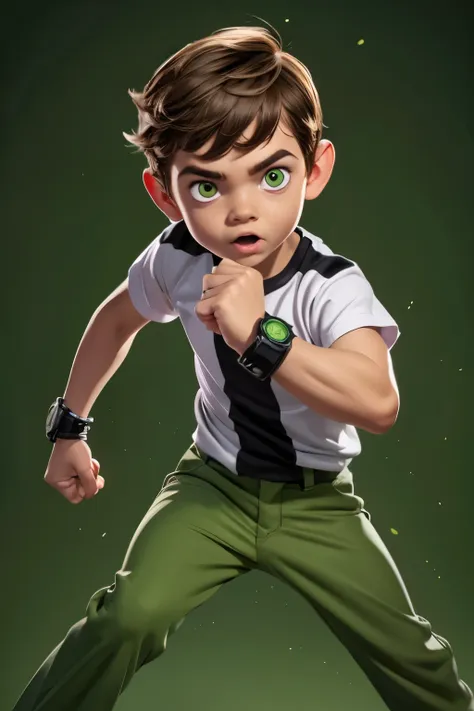 movie poster, ben 10 (((a child, 4yo ))), brown eyes, (((wearing a white outfit with black stripe in the center, green pants))) ...