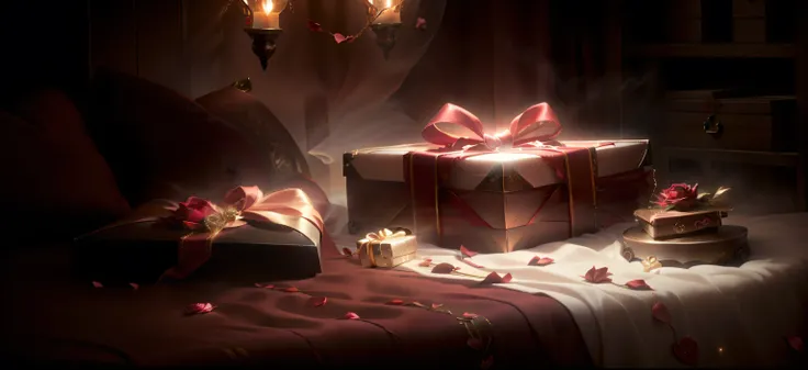 (Open chests:1), Gifts Surround, pack, Letter with heart pattern, Rose petal, Sparkling atmosphere, Warm and mysterious atmosphere, Low light indoor environment, Soft focus halo, Soft background.Light fog,board