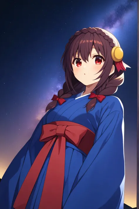 alone, One person, Yunyun, (Kiss the viewer:1.5)、 Crown braids of the same color as your hair, hair ornaments,(Blue kimono and red obi、Milky Way and Starry Sky、View from the front