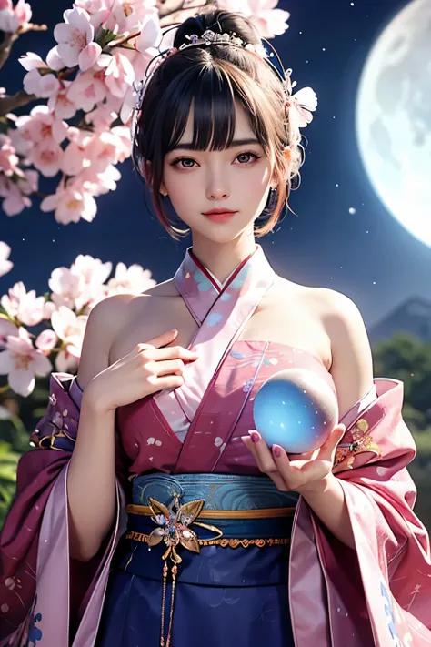 (Holding a glowing blue crystal ball in each hand)),positive,Front Configuration,Upper Body,((Observe the audience)),Gorgeous red and black kimono,Cherry Blossom Hair Accessories,length, short hair, Silver Hair,Cherry Blossom Hair Accessories,Beautiful and...