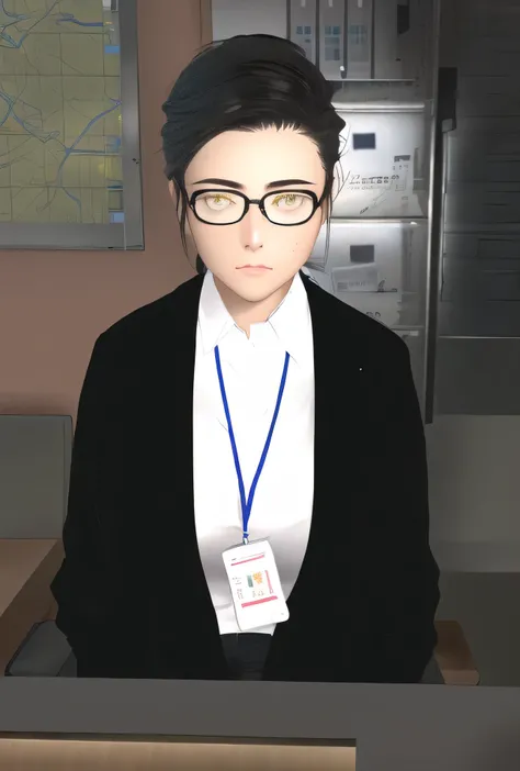 curious look, short pony tail dark hair, white collared shirt, wearing glasses, black cardigan, employee ID card with blue lanyard, seated at a desk, looking slightly downward, indoor office setting, metal filing cabinets in the background, map on the wall...