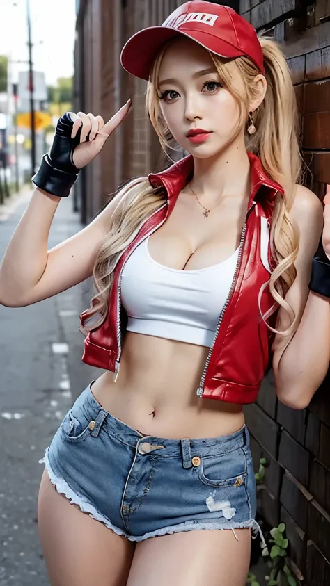 masterpiece、high quality、High resolution、Realistic、professional lighting、Japanese、woman、cute、young、White skin、Big Breasts、Cleavage、Six-pack、Terry Bogard Girl、Blonde、ponytail、blue eyes、Red and white baseball cap、Red sleeveless short jacket、White tube top、Fi...