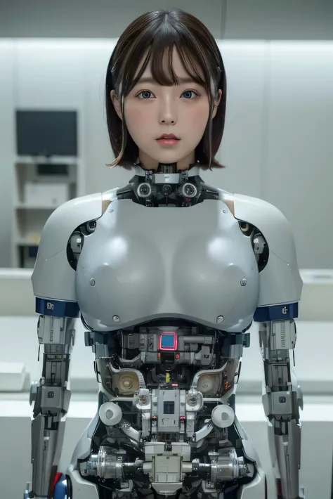 masterpiece, Best Quality, Extremely detailed, 8K portrait,Japaese android girl,Plump , control panels,Robot arms and legs, Blunt bangs,perfect robot girl,a bit chubby,white gloves,chest monitor,blue eyes,Charging spot,She is exhibits,exibition hall,promo ...