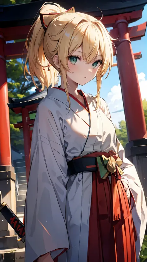 ,Highest quality,Blonde,Green Eyes,ponytail,shrine,torii,Miko costume,Red Hakama,Japanese sword,sword,slender,