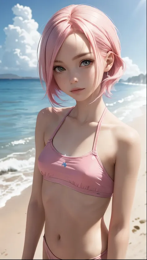 (best quality, masterpiece, perfect face) pink hair, 1 girl, medium , beach