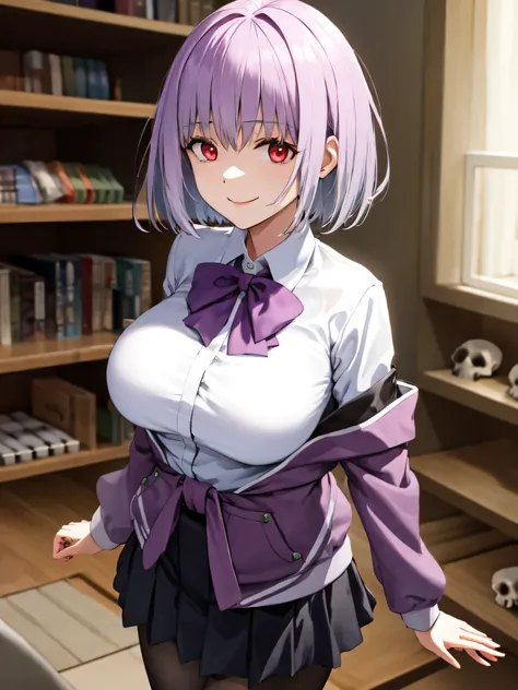 male, short hair, Red eyes, Large Breasts, Purple bow tie, Collared shirt, White shirt, Purple Jacket, Partially defrosted, Long sleeve, Sleeves are longer than the wrist, Pleated skirt, Black Skirt, pantyhose, smile, Waist clothes, night, dark, room, Shin...