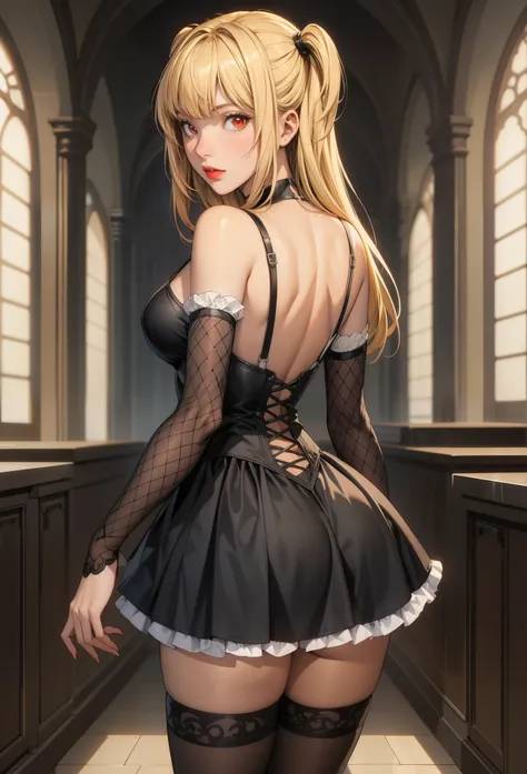 perfect eyes:1.2, detailed eyes:1.4, misa amane, long hair, bangs, red eyes, glowing eyes, blonde hair, red lips, blunt bangs, t...