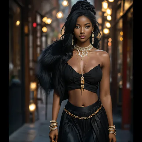 Beautifull,1 girl, jewelry, old, ((town)), High heels, Dark skin, bracelet, belly button, earrings, Focus only, sock, mujer de Dark skin, diaphragm, blurred background, by the wide, collar, blurred, neckline, black fur, Skirt, realist, belly button piercin...