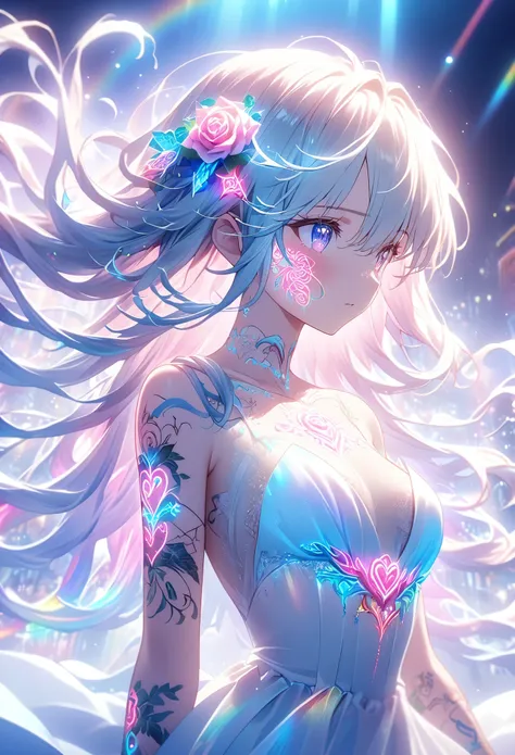 anime screenshots、 artistic illustration of a female anime character adorned with glowing neon rose and ivy tattoos all over her...