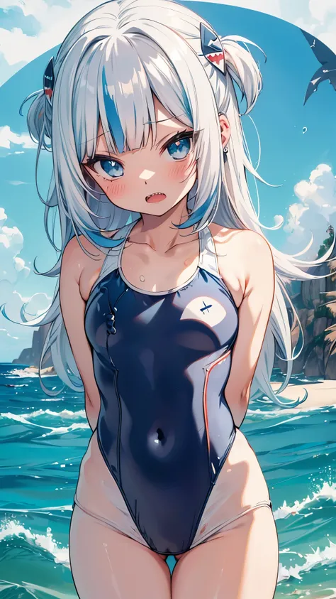 gawr gura,sharp teeth, shark tail,(chibi:1.5),(white school swimsuit:1.5),(arms behind back),blush,open mouth,upper body,masterpiece,Noise Reduction,perfect anatomy,high resolution, ultra-detailed, ultra-detailed face,game cg,dutch angle ,beautiful detaile...