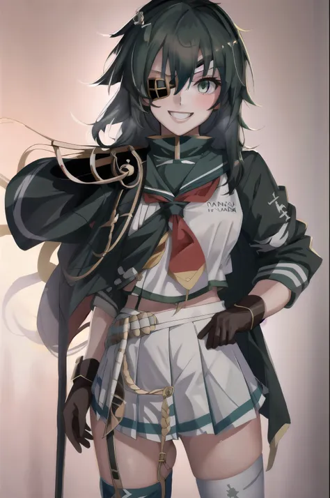 Highest quality, masterpiece, High resolution,Full body view, ((alone, {Kiso_Fleet Collection:1.15})), 緑hair, 緑eye, 短いhair, smile, One girl, Sailor_h, School Uniforms, , brown_gloves, gloves, hair_between_eye, ((Eye patch)), Skirt Lift,  panties