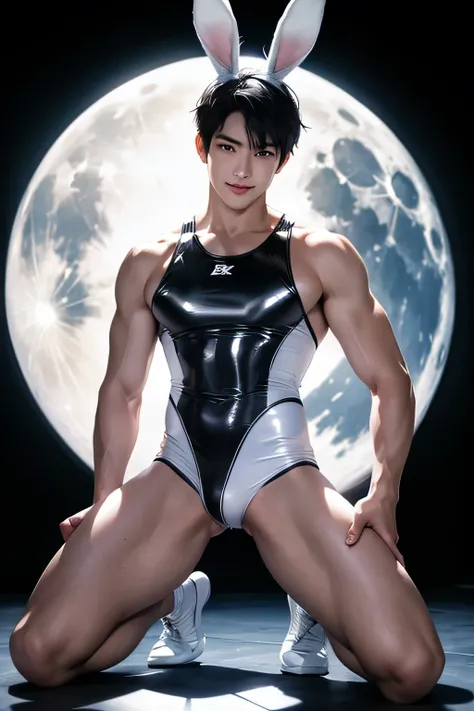 Japanese　　Handsome model　　male　　smile　　　Black Hair　　Short cut　Short hair　　　looking at the camera　　　　　Shiny full-body silver wrestling uniform　Mega Bulge　　Shiny white silver latex singlet　looking at the camera　　　Bunny ears　 Black Hair　　future world　 　　Full ...