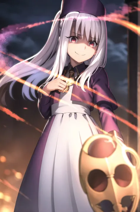 best quality, (masterpiece:1.2), highly detailed,
fate/stay background, night, city, moon,
illyasviel von einzbern ubw,
1girl, solo, standing, looking at the viewer, closed mouth, smile,
long hair, white hair, red eyes,most evil huge laugh,lipstick,sadisti...