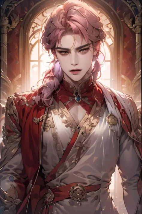 masterpiece, best quality, realistic, man, mature male, quiet and charming young man, 2, grey eyes, serious, eyeglass, closed mouth, extremely detailed face, cold,, ((short-right-swept light violet hair)), [thick eyebrows], (mafia prince), ((red wine suit)...