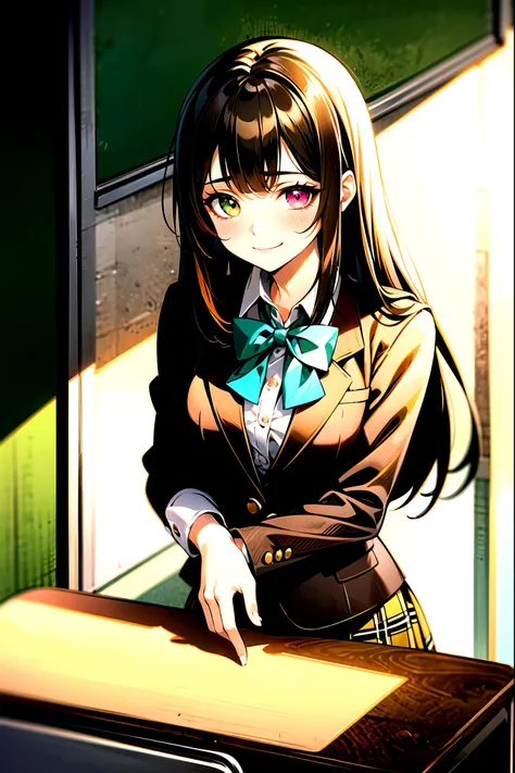 （（super high quality,））（（Ultra-high resolution,））（16K,）（super masterpiece,）（（Ultra HD ,））（Detailed shading,）Upper body photo,One mature high school girl,Blue-green blazer,White dress shirt,The third button is open,（（Yellow striped bow tie,））Brown plaid min...