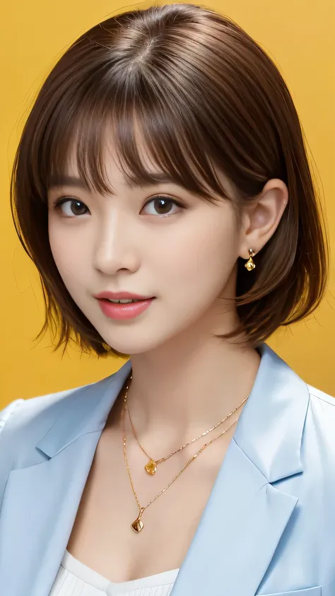 RAW Photos, High resolution, Very detailed, Intricate details, 、ear piercing、、short hair、Light brown hair、Clear beauty、 Office Lady Suits 、Necklace around the neck、, The background is the office
