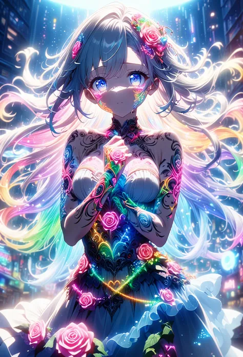 anime screenshots、 artistic illustration of a female anime character adorned with glowing neon rose and ivy tattoos all over her...